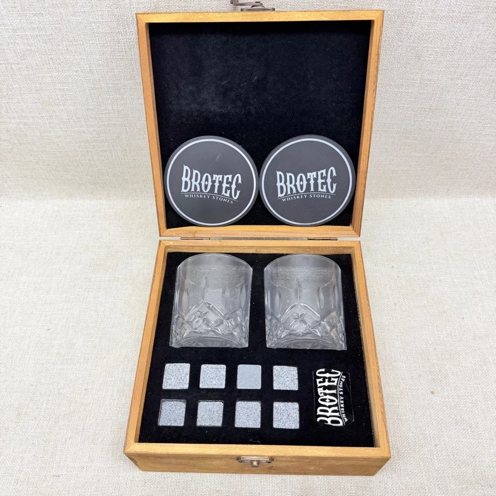 Brotec Whiskey Stones Gift Set with 2 Glasses 8 Granite Rocks Wooden Box